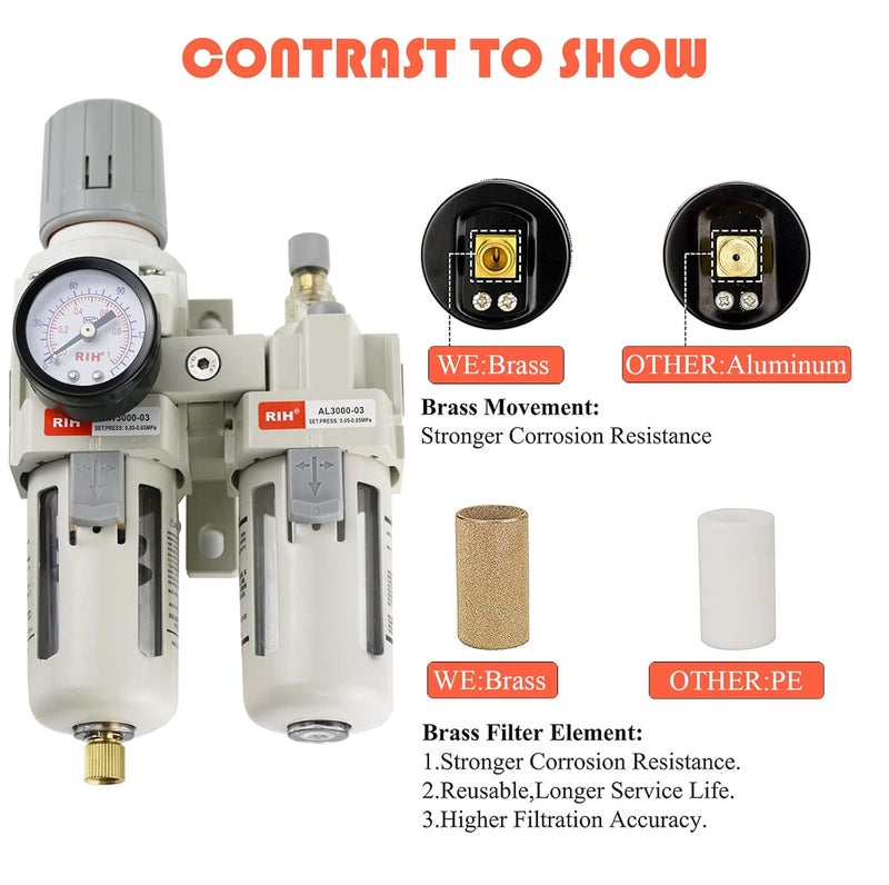 RIH Store Pneumatics 3/8" NPT Compressed Air Filter Regulator Lubricator Combo Water/Oil Trap Separator - Gauge(0-150 psi), Semi-Auto Drain, Poly Bowl,Bracket - 3 in 1 Two Unit (3/8" NPT) - Image 4